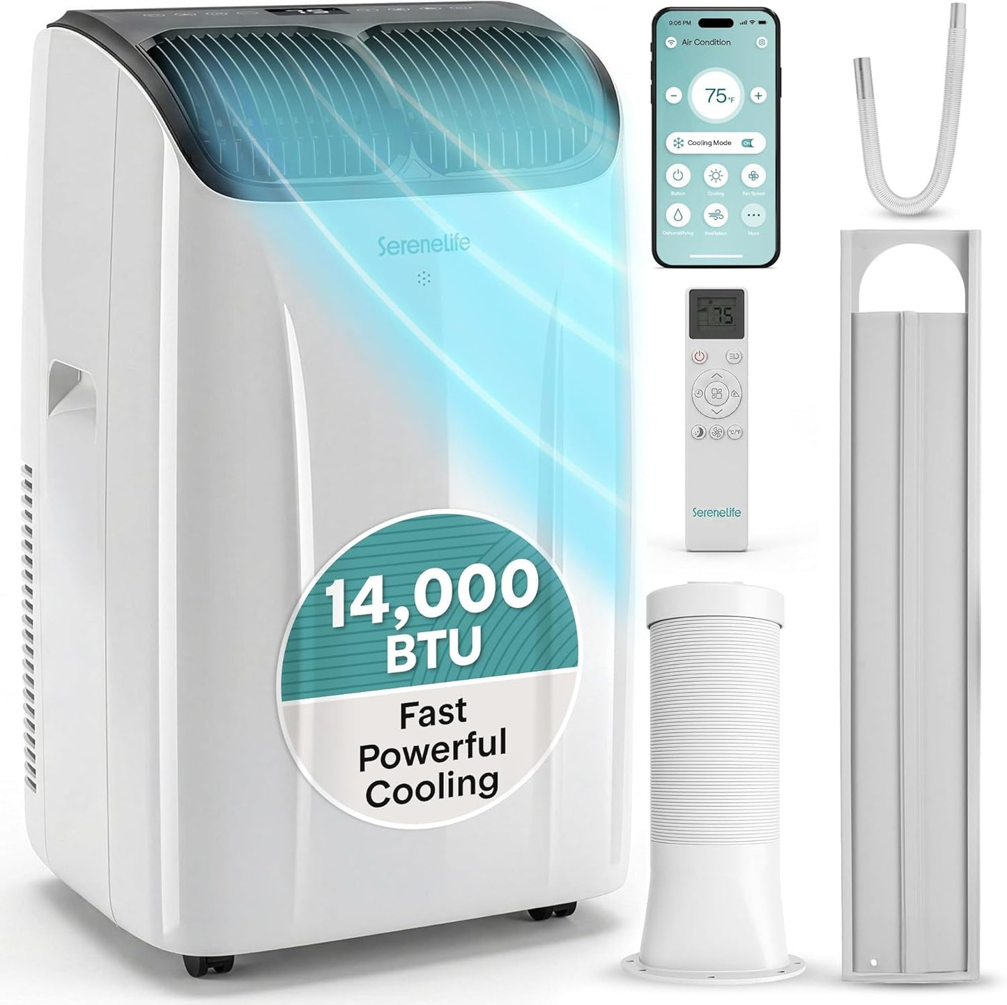 14000 BTU Portable Air Conditioner with WiFi, Cooling, Fan, Dehumidifier, Follow Me Function & Remote Control