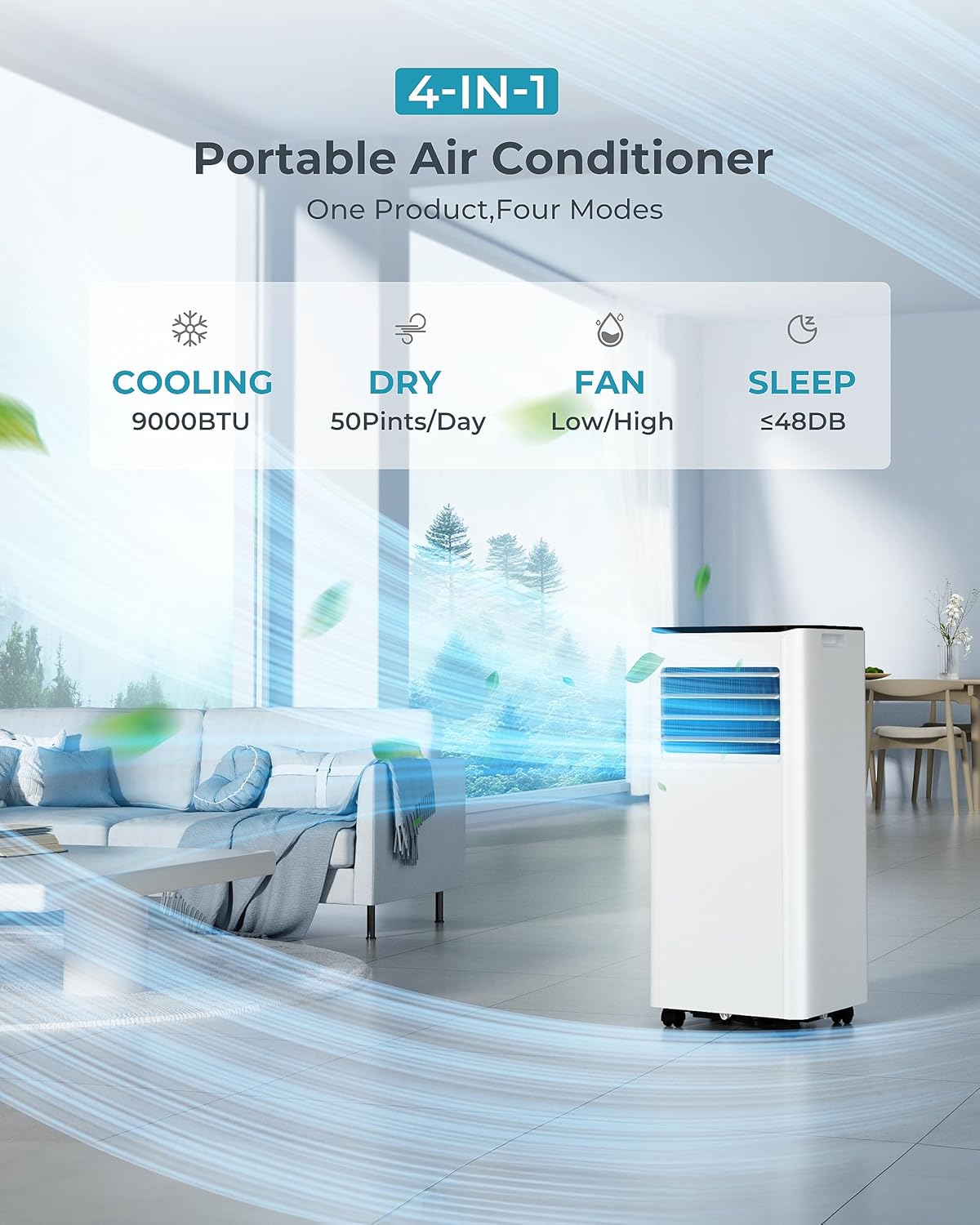 9000 BTU Portable Air Conditioner with Cooling, Dehumidifier, Fan, Sleep Mode & Remote Control